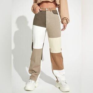 Color Block Raw Hem Straight Jeans